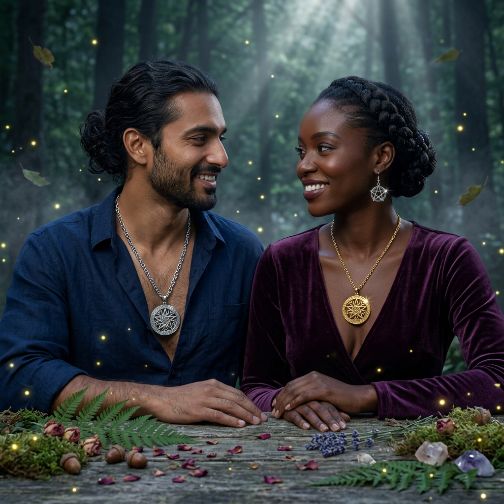 Second new couple at a moonlit forest table with natural accents and sparkle