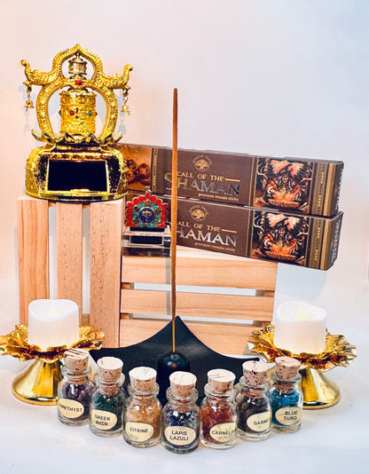 Shaman Gift Set: Incense, Solar Prayer Wheel, Candle Holder, Necklace, Pendant, Gift