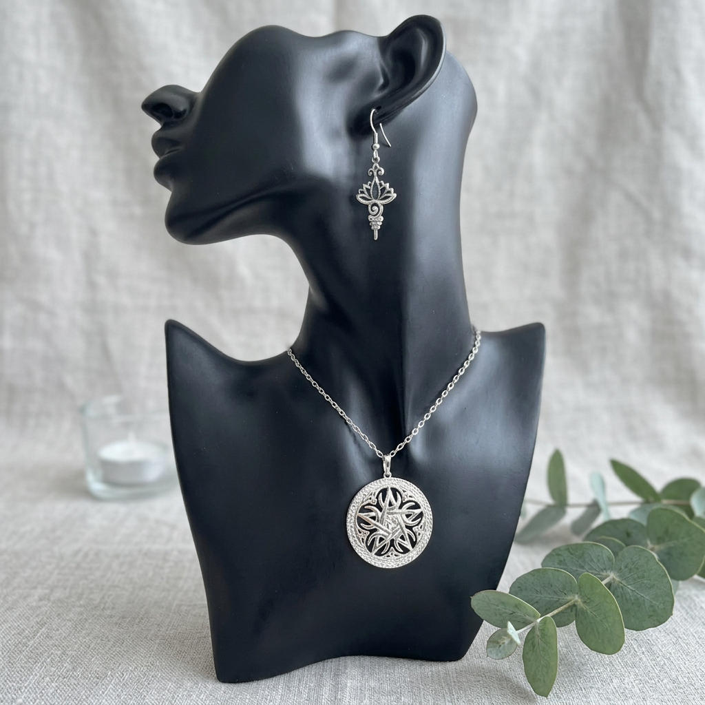 Silver Celtic rose pentacle necklace and earring set in soft natural daylight on linen with eucalyptus