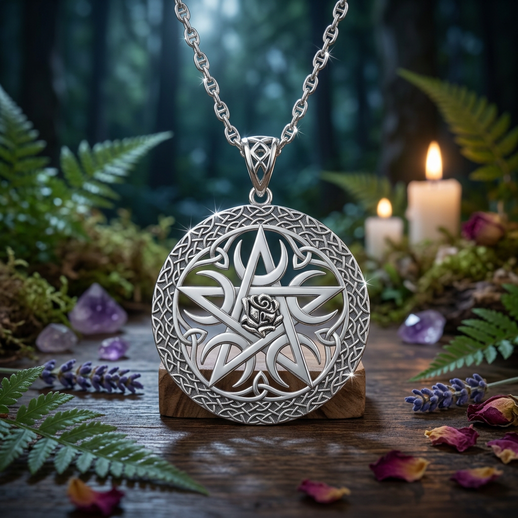 Silver Celtic rose pentacle on a softly lit magical table in moonlight