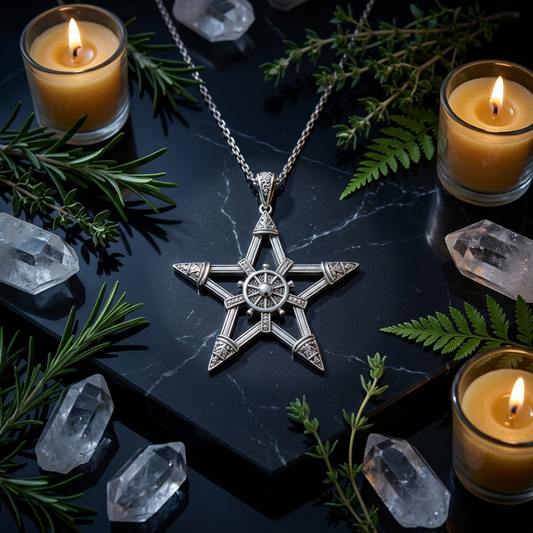 Silver pentagram on black marble with botanical embellishments and crystals