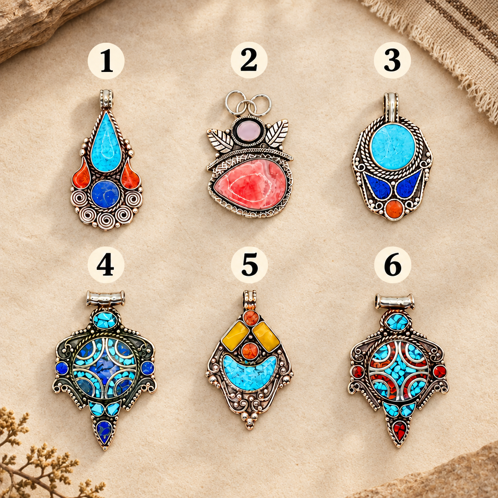 Six numbered pendants on a warm sandstone and linen background