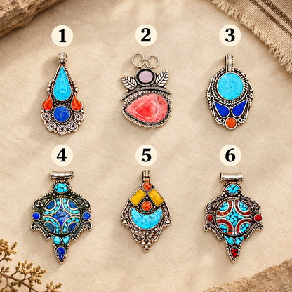 Six numbered pendants on a warm sandstone and linen background