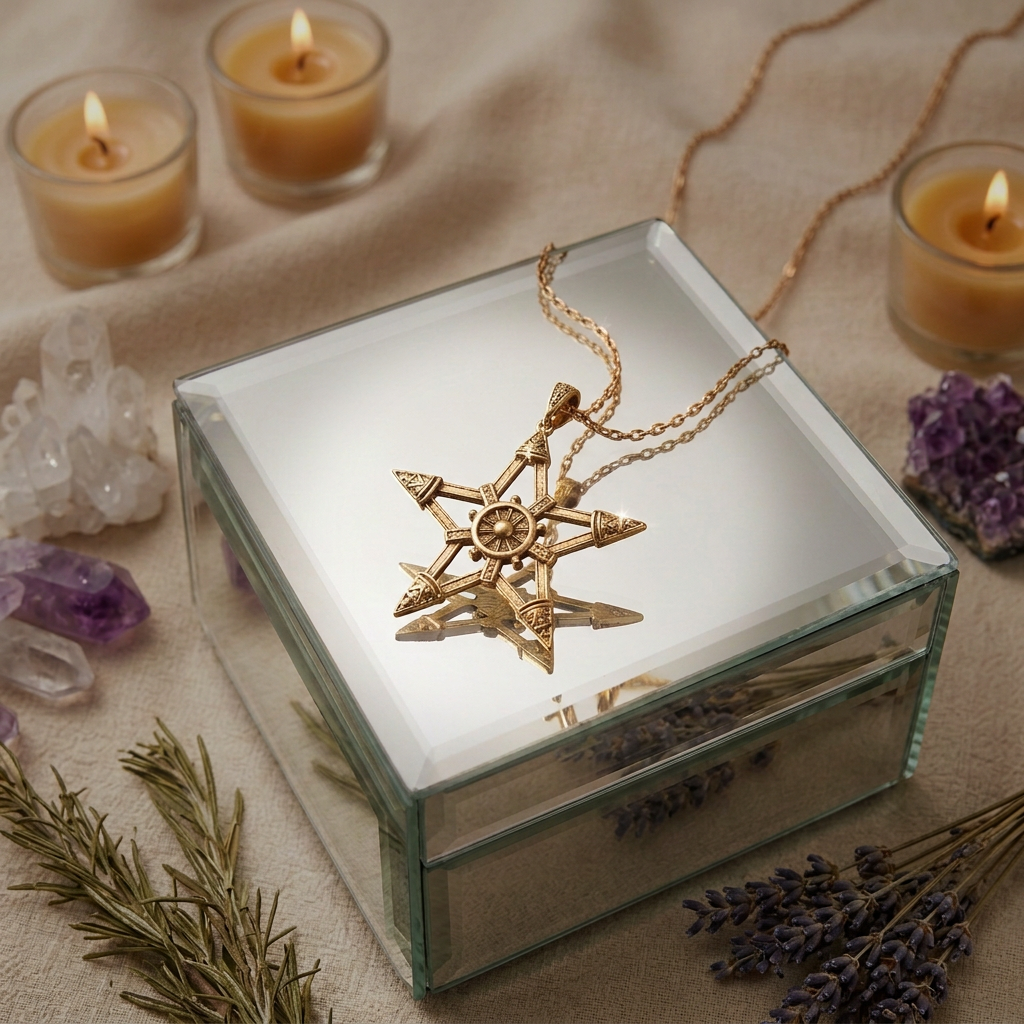 Spotlit pentagram necklace on a mirrored jewelry box with crystals, candles, and herbs, centered with crop-safe margins for desktop and mobile