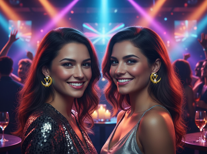 Two women posing together wearing crescent, moon and triangle earrings in a vibrant nightclub setting with colorful lights.