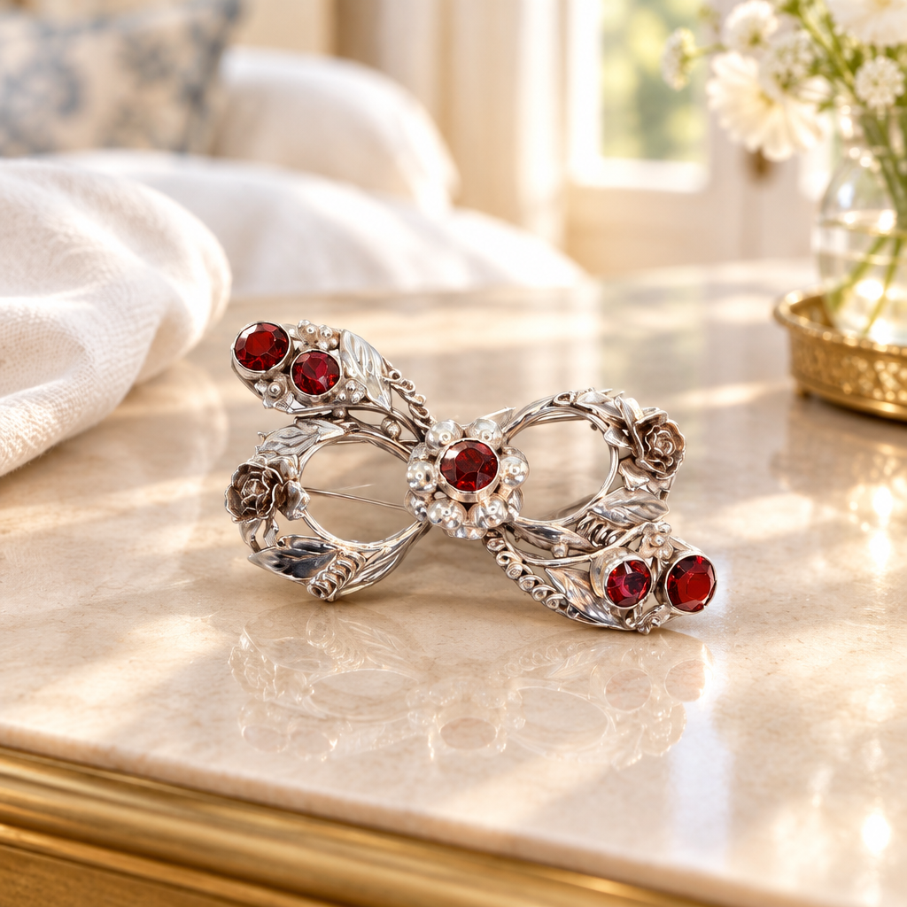 Vintage ruby and sterling silver ring on a sunlit dresser