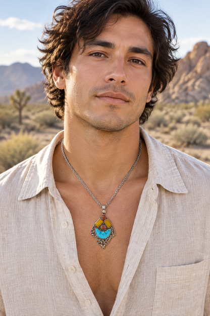 Yellow and blue pendant in a desert landscape