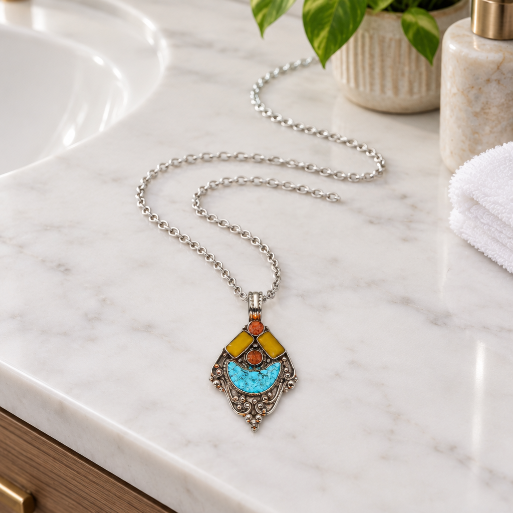Yellow and blue pendant on a bathroom vanity