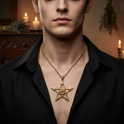 Young adult Goth man wearing the pentagram necklace with subtle sparkle