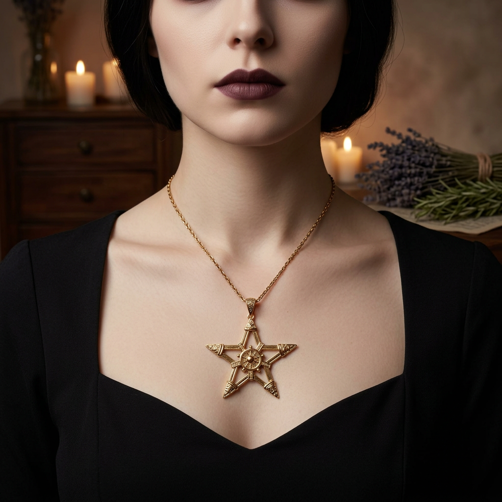 Young adult Goth woman wearing the pentagram necklace with subtle sparkle