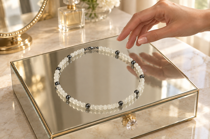 Your necklace on a mirrored jewelry box atop a luxurious dressing table, with a hand reaching toward it